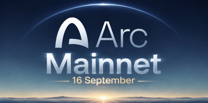 A promotional banner with the text 'Arc Mainnet', '16 September', and a logo over a sunrise and planet horizon.