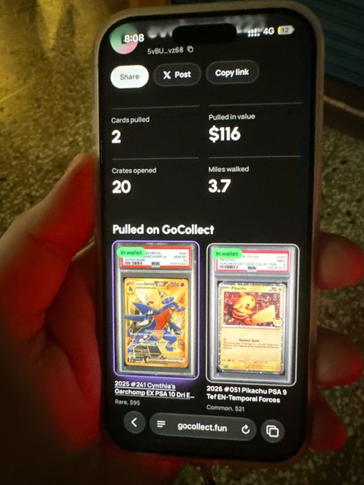 A smartphone screenshot of the gocollect.fun app showing 2 cards pulled worth $116, with two graded Pokemon cards visible: a 2025 Ogerpon ex PSA 10 and a 2025 Pikachu PSA 9.