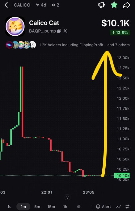 A crypto price chart for Calico Cat showing a price of $10.1K with a 13.8% increase, featuring a dramatic yellow spike on the right side of the chart.
