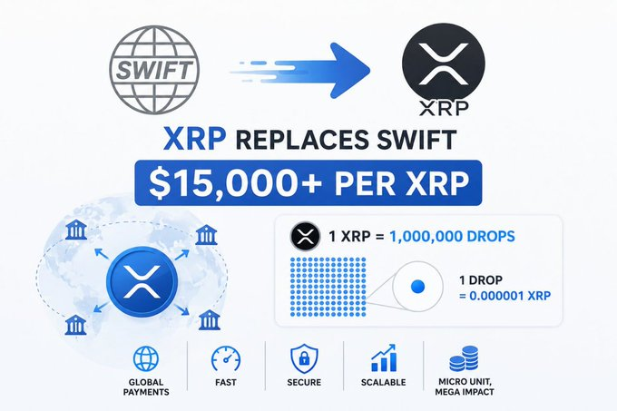 An infographic promoting XRP as a replacement for SWIFT, claiming 'XRP REPLACES SWIFT' with '$15,000+ PER XRP' and noting '1 XRP = 1,000,000 DROPS' (1 drop = 0.000001 XRP), highlighting global payments, fast, secure, and scalable features.