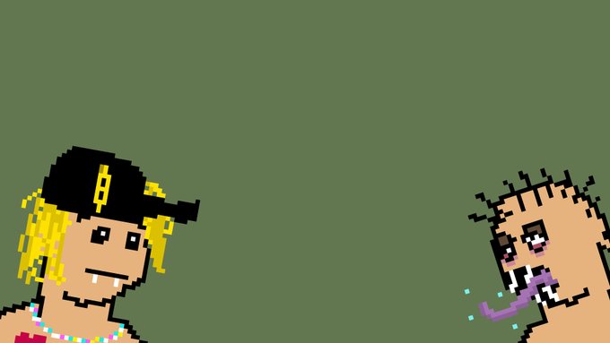 A pixel art image featuring two stylized characters against a green background - one with blonde hair and a black cap smiling on the left, and a bearded figure on the right appearing to vomit or spit something purple.