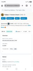 A mobile screenshot of a web search for "st. ethereumclassic" showing an Etherscan token tracker page for "Token: A World Dream (CAW)" sponsored by SakeSwap, displaying market data, a Max Total Supply of 100,000,000,000,000 CAW, and a current price.