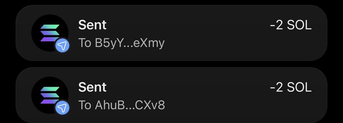 A screenshot showing two cryptocurrency transactions, each displaying "Sent -2 SOL" with the recipient addresses partially obscured as "B5yY...eXmy" and "AhuB...CXv8." The image serves as proof of the 2 SOL airdrops mentioned in the post, where the user claims to be sending 2 SOL to two of their followers.