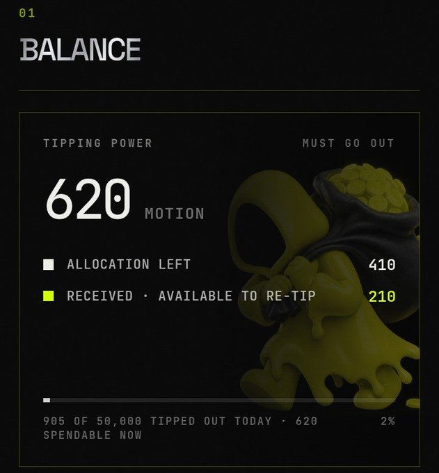 A dark-themed dashboard titled '01 BALANCE' showing a tipping power balance of 620 MOTION with allocation details and a 3D liquid bag illustration.