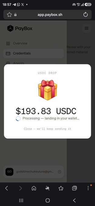 A screenshot from app.paybox.sh displays a "USDC DROP" pop-up showing a transaction of $193.83 USDC with a loading spinner and the text "Processing — landing in your wallet..", directly illustrating the user's question about how long the MoonPay transaction will take to complete.