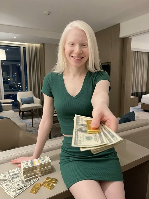The image features a woman sitting at a table with stacks of money around her. She has blonde hair and is wearing a green dress. The table also contains gold bars, which are worth more than the stack of money she's holding. In the background, there is another person who appears to be watching or waiting for something.