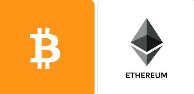 The image shows the Bitcoin (orange square with white "₿" logo) and Ethereum (gray diamond logo with "ETHEREUM" text) logos side by side, visually representing the two cryptocurrencies mentioned in the post about $140 million in BTC and ETH short positions being liquidated as the market surged upward.