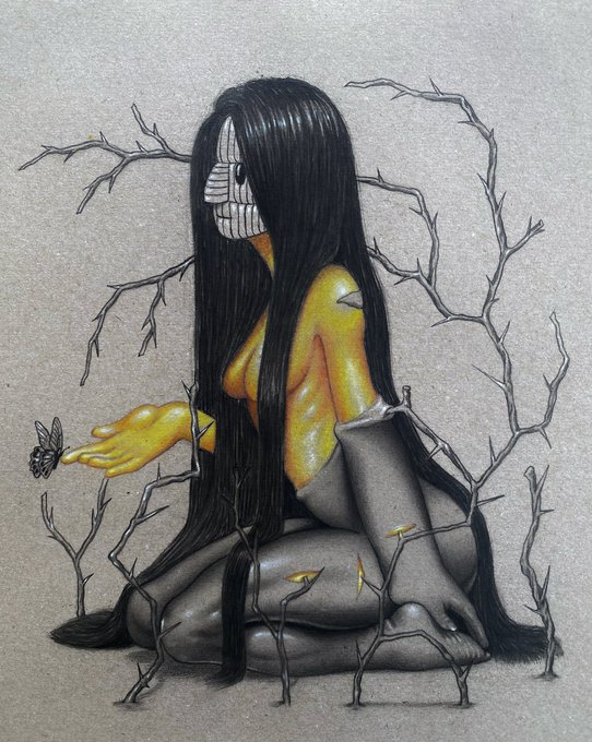 A surreal figure with long black hair and a face composed of vertical bars sits in a fetal position amidst thorny branches, reaching a yellow hand toward a butterfly.