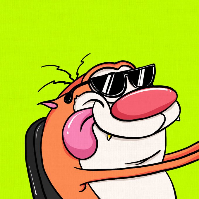 A cartoon illustration of an orange cat-like character wearing black sunglasses and licking its lips with a large pink tongue against a green background.
