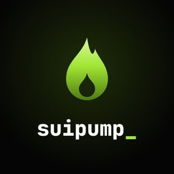 The "suipump_" logo featuring a green flame/droplet icon on a black background, a Solana-based meme coin launch platform.