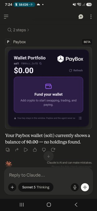 The image shows the PayBox wallet interface displaying a Solana wallet portfolio with a $0.00 balance and "Fund your wallet" prompt, alongside an AI chat (Claude) reading "Your Paybox wallet (sol) currently shows a balance of $0.00 — no holdings found." This illustrates the post's claim that AI assistants like Claude can now access crypto wallets directly within the chat to enable trading, swapping, and payments without leaving the conversation.