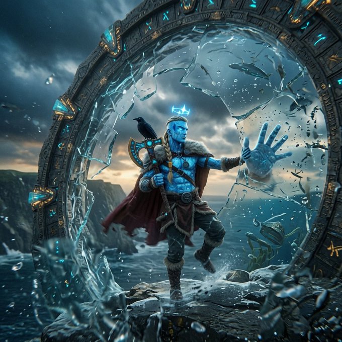 Fantasy artwork of a blue-skinned warrior with a raven on his shoulder, stepping through a shattered magic portal while reaching for a spectral hand.