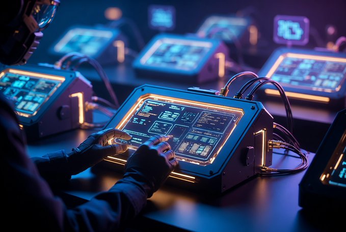 A person wearing a futuristic helmet and gloves operating a glowing terminal in a dark room filled with similar lit workstations.