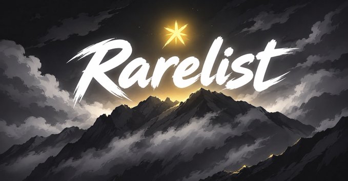 A dramatic mountain graphic displays the large white word “Rarelist” beneath a glowing star.