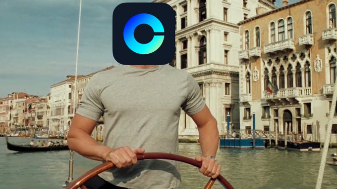 A man steers a boat through Venice's Grand Canal, with an unidentified "C" logo (likely Coinbase) obscuring his face. The image humorously represents the post's caption about finally spotting a long-absent Coinbase Wallet in an exotic, hard-to-reach location.