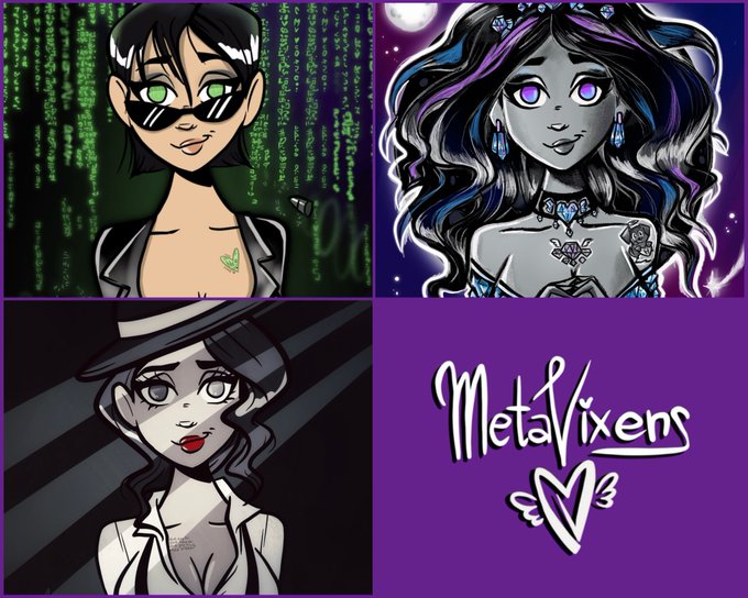 A collage titled "MetaVixens V3" featuring three stylized cartoon illustrations of women with themes including Matrix-style code, gothic styling with purple eyes, and a noir detective character with a fedora.