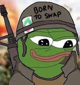 A Pepe the Frog meme styled as a soldier wearing a helmet that reads 'BORN TO SWAP'.