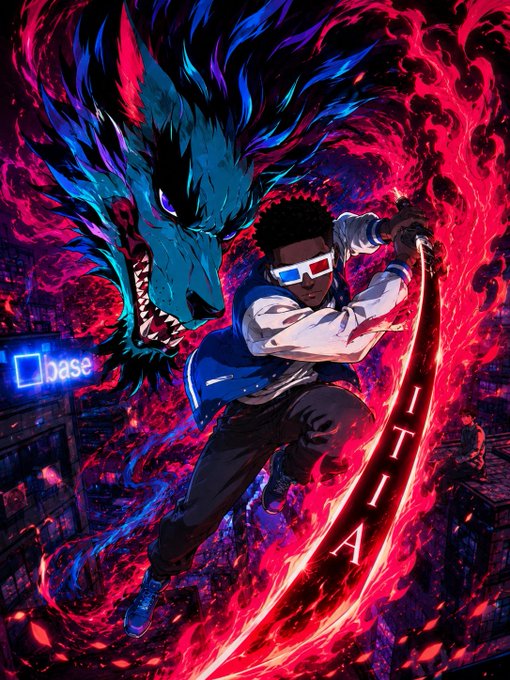 Anime-style artwork featuring a young character with 3D glasses wielding a glowing red katana, alongside a large blue beast, with 'ITIA' and 'base' text visible.