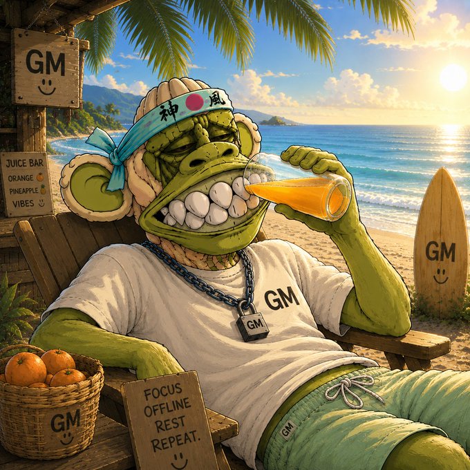 A digital illustration of a green reptilian character wearing a 'GM' shirt, headband, and a 'GM' padlock necklace, drinking juice on a beach with signs reading 'GM', 'JUICE BAR ORANGE PINEAPPLE VIBES', and 'FOCUS OFFLINE REST REPEAT.'