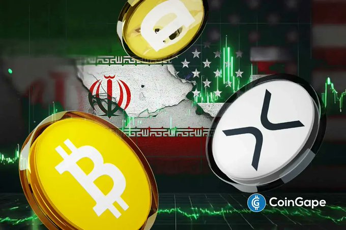 This image visually represents the surge in Bitcoin, XRP, and Dogecoin cryptocurrencies against a backdrop of the Iranian and US flags and a financial graph, illustrating the connection between geopolitical developments and the crypto market. The CoinGape logo is also present.