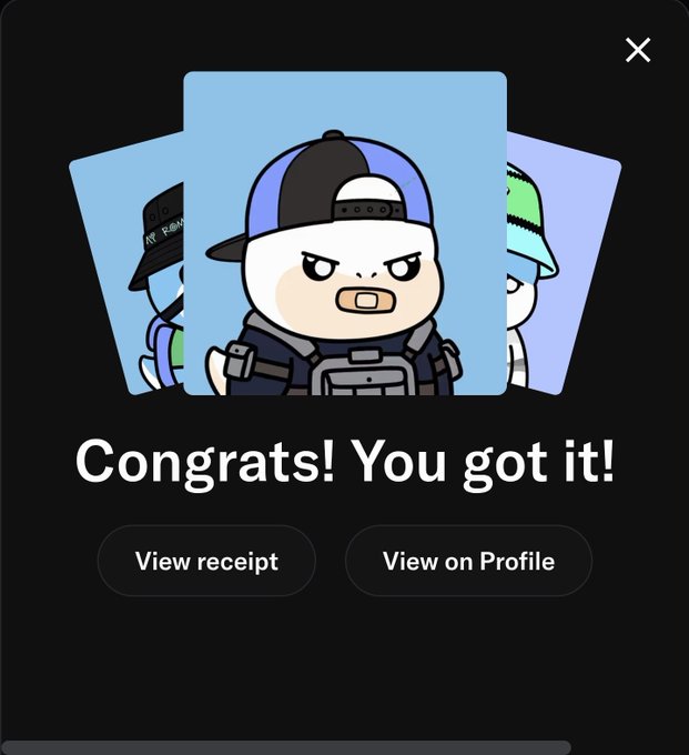 A mobile app purchase confirmation screen displaying 'Congrats! You got it!' with cartoon character avatars and buttons to 'View receipt' or 'View on Profile'.