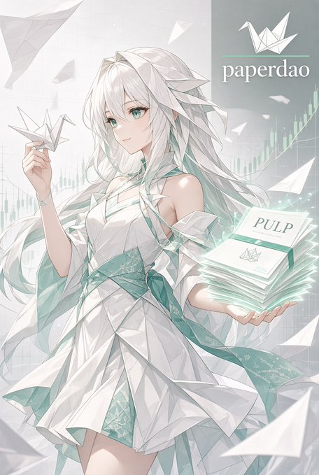 An anime-style digital artwork for 'paperdao', featuring a white-haired girl in an origami-style white dress holding a paper crane and a box labeled 'PULP'.
