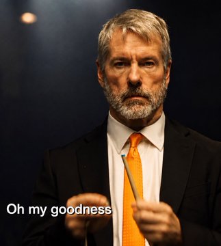 A silver-bearded man in a suit and orange tie speaks into a microphone with a surprised expression, captioned "Oh my goodness." The image humorously conveys shock at the post's bullish analysis suggesting $MSTR Strategy could surpass Berkshire Hathaway's reserves through dramatic price appreciation or massive Bitcoin accumulation, with $STRC positioned as the key catalyst.