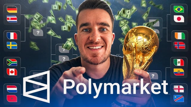 So, let's look at the image. The main elements are a person holding the World Cup trophy, with country flags in a knockout bracket (like a tournament), money falling, and the Polymarket logo. The post title is about profiting from trading World Cup knockouts on Polymarket. So the image shows a person with the trophy, the bracket with flags (representing the tournament), and Polymarket branding. Need to make a concise caption.

First, identify key text: "Polymarket" is visible. The context is World Cup knockouts trading. So the caption should mention the person, the trophy, the bracket (flags), and Polymarket. Let's check: the image has a man with the World Cup trophy, a tournament bracket with national flags (like Germany, France, etc.), falling money, and the Polymarket logo. So the caption: "A man holds the World Cup trophy against a backdrop of a tournament bracket with national flags and