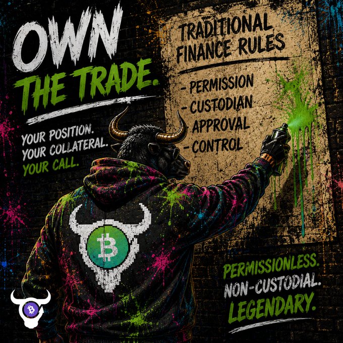 A street art style graphic featuring a bull character in a Bitcoin hoodie spray-painting a wall, with text including 'OWN THE TRADE' and 'TRADITIONAL FINANCE RULES'.