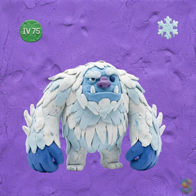 A blue and white furry "Frosteti" Claymon character is displayed against a textured purple background, marked as "IV 75" with a snowflake icon, representing the prize for a giveaway celebrating the Claymons token launch where participants must follow, like, repost, and tag friends with their wallet.