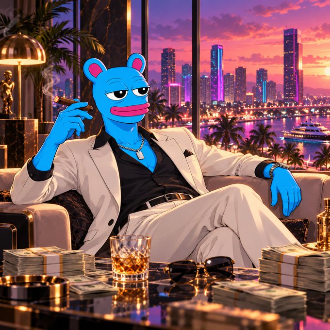 An anthropomorphic blue bear character lounges in a white suit, smoking a cigar, surrounded by stacks of cash with a neon-lit city skyline behind him.