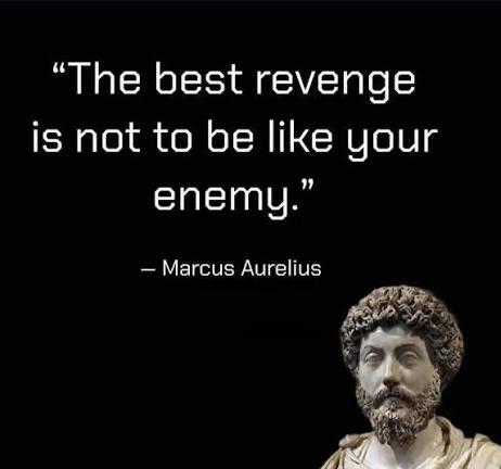 A black image featuring a Marcus Aurelius quote: "The best revenge is not to be like your enemy," alongside a marble bust of the Roman emperor.