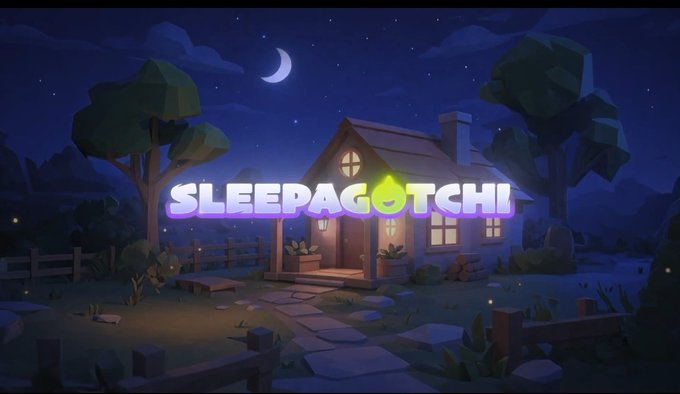 A cozy nighttime scene with a crescent moon and starry sky frames the "SLEEPAGOTCHI" logo featuring a glowing yellow flame, promoting the sleep-tracking gamified habit app. The peaceful cottage setting visually reinforces the app's focus on building healthy sleep routines through rewards and consistency.