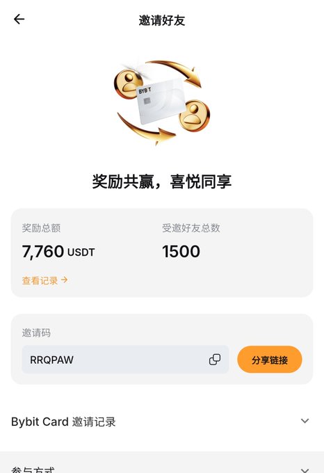 A Bybit invitation page showing a total reward of 7,760 USDT from 1,500 invited friends, with the user's invitation code "RRQPAW" displayed for sharing. The image directly supports the post's mention of Bybit Card commission earnings, illustrating the referral rewards tied to the program the author criticizes.