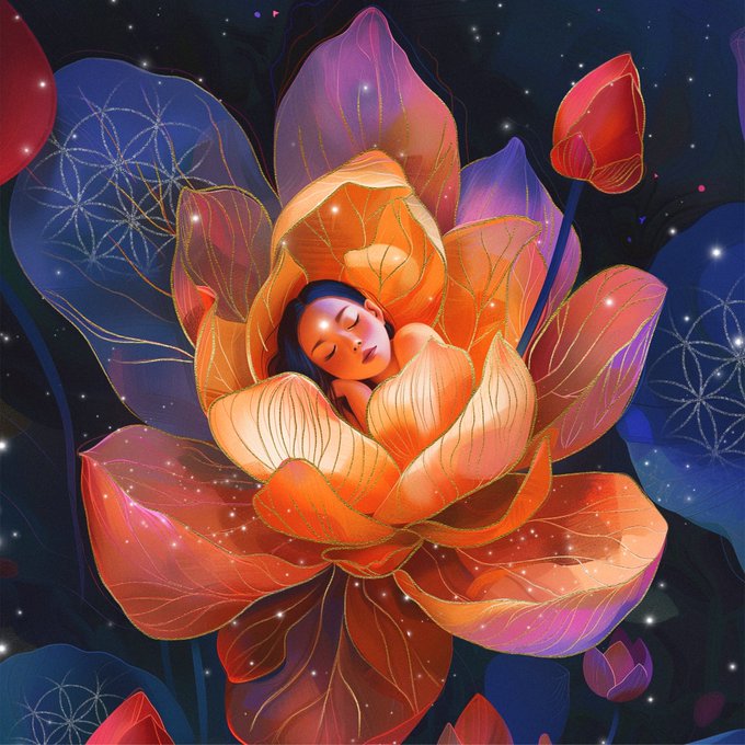 A vibrant digital artwork depicting a woman sleeping inside a glowing orange and pink lotus flower, surrounded by cosmic dark blue background with geometric patterns.