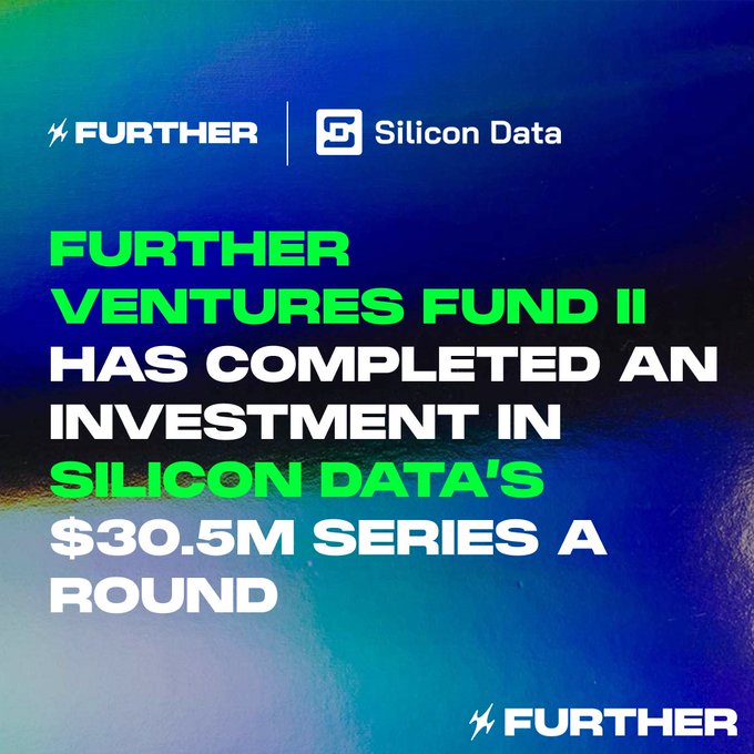 A promotional graphic announcing that Further Ventures Fund II has invested in Silicon Data's $30.5M Series A round, featuring both company logos on a blue and green gradient background. The image visually reinforces the announcement by prominently displaying the key figure ($30.5M) and the names of the companies involved.