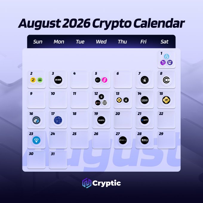 A stylized "August 2026 Crypto Calendar" graphic displays the month with various cryptocurrency project logos (including SUI, ZAMA, BEAT, and others) marking key event dates. The calendar visually highlights the busy month ahead referenced in the caption, showcasing scheduled token releases, conferences, and significant economic data points.