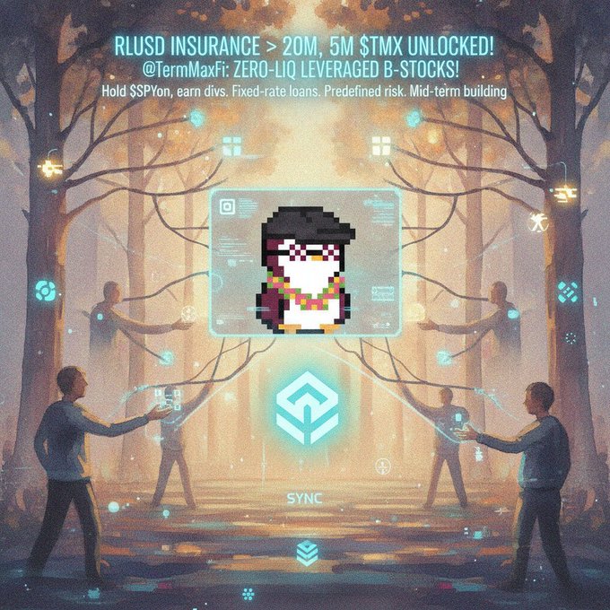 Promotional artwork for @TermMaxFi advertising RLUSD Insurance > 20M, 5M $TMX unlocked, and zero-liquidation leveraged B-stocks with fixed-rate loans and predefined risk.
