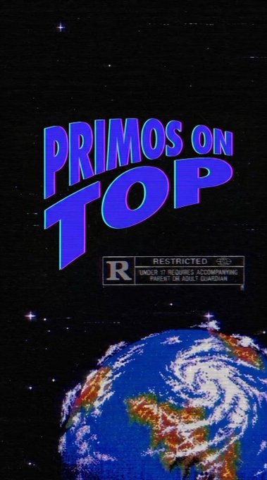 A retro-style poster with the title 'PRIMOS ON TOP' in purple text, mimicking a 90s VHS cover with an 'R' rating and an image of Earth below.