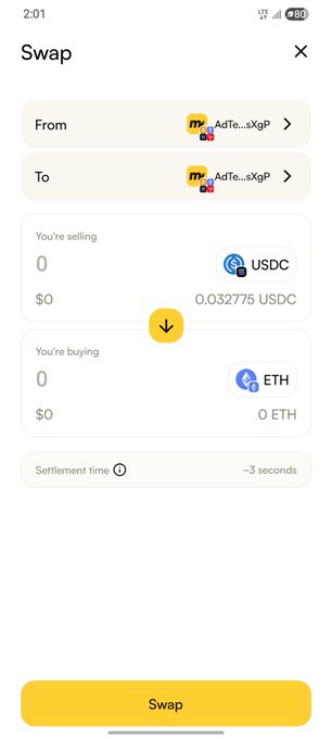 A mobile cryptocurrency swap interface showing an exchange from USDC to ETH on what appears to be a wallet application, with a settlement time of ~3 seconds.