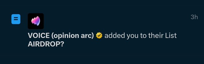 A dark-themed notification showing that "VOICE (opinion arc)" added the user to their list titled "AIRDROP?"