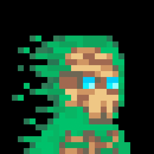 Pixel art illustration of a hooded character with green eyes and a green hooded cloak.