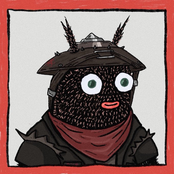 A cartoonish, fluffy black creature with wide green eyes wears a spiked medieval helmet, red bandana, and dark armor in a framed illustration with a red border, embodying the rugged "Degen" spirit referenced in the post about a unique 1/1 NFT design and guaranteed giveaways.