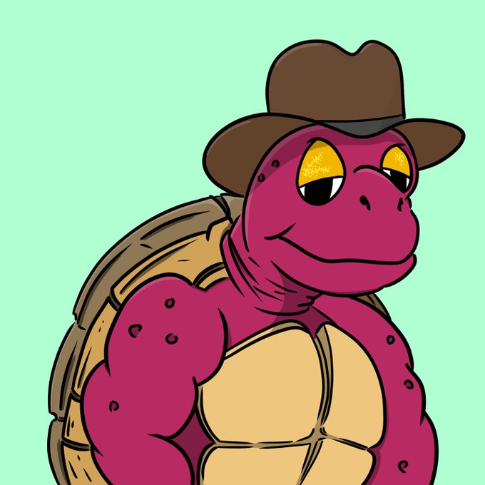 A cartoon illustration of a muscular pink/magenta turtle character wearing a brown cowboy hat with yellow eyes, set against a mint green background.