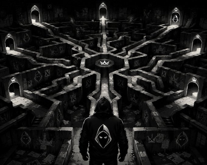 A hooded figure stands before a vast, black-and-white labyrinth with eight arched exits, each radiating from a central crown emblem, echoing the post's riddle of "eight ways out" and "the signal." The hooded silhouette mirrors the "HOOD Hunt" theme, inviting viewers to decode the maze and identify the correct glowing portal.