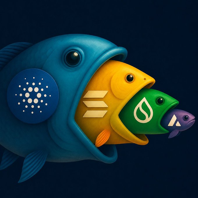 A large blue fish displaying the Cardano (ADA) logo appears to be devouring smaller fish marked with the Sui (SUI) and Avalanche (AVAX) logos, visually symbolizing the claim that ADA will overtake SOL, SUI, and AVAX.