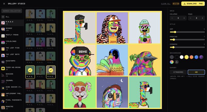 A digital art interface labeled 'GALLERY STUDIO' showing a 3x3 NFT collection grid featuring colorful cartoon-style characters including one labeled 'OOYC' and another 'JOY'.