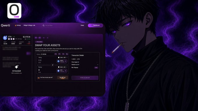 An anime-style character with purple eyes and a cigarette, set against a dark purple smoky background, overlaid with a cryptocurrency interface for "Qwerty" wallet showing "SWAP YOUR ASSETS" and an ETH balance of $2,479.06.