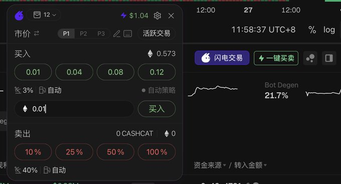 A cryptocurrency trading interface displayed in Chinese, showing a price of $1.04 with buy/sell options including percentages (10%, 25%, 50%, 100%) and a '闪电交易' (Flash Trade) button, alongside a 'Bot Degen 21.7%' indicator.