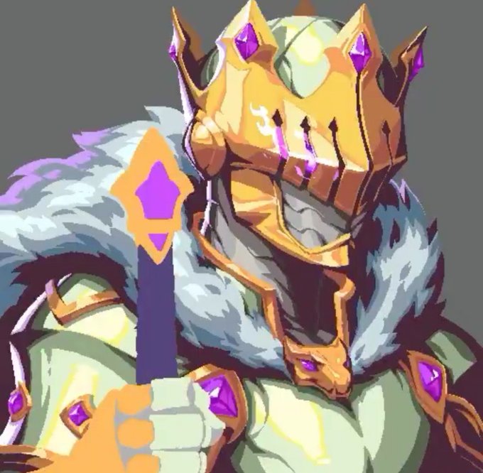 Digital artwork of an armored knight wearing a gold crown-like helmet with purple gems, a white fur collar, and wielding a sword with a purple gem.